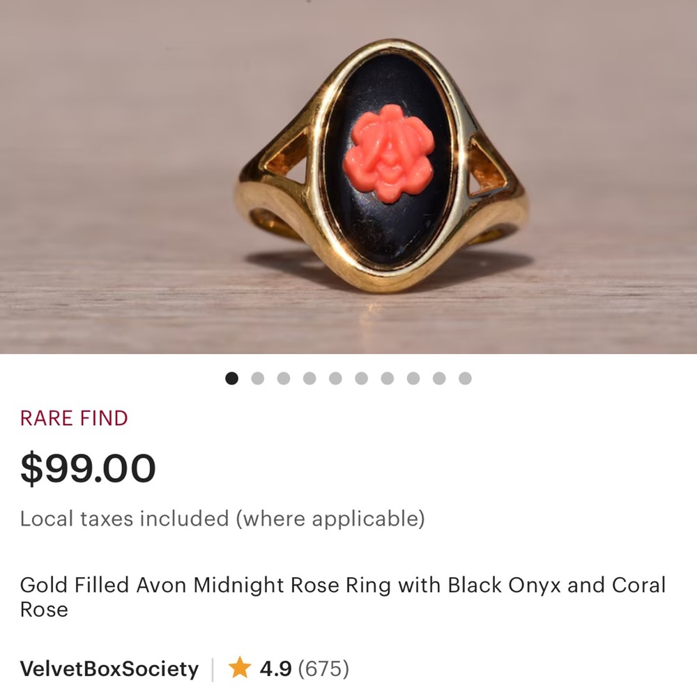 VINTAGE Avon Gold Ring with Black and Coral Rose